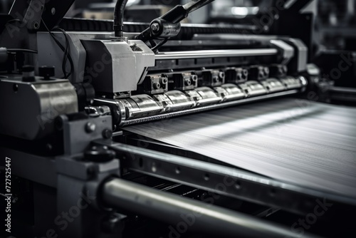 A close-up view of an offset blanket in an industrial printing press, with detailed focus on the texture and the intricate machinery in the background