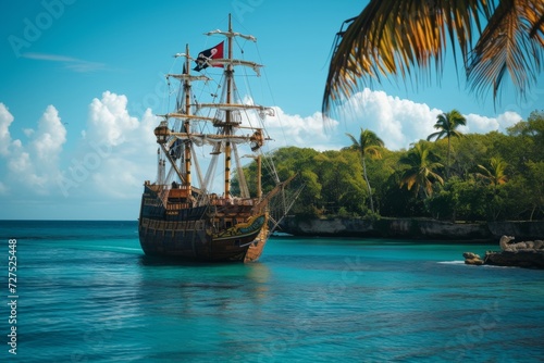 An old-fashioned tall ship anchors near a tropical shoreline, its masts rising high against a backdrop of lush palms and clear skies.