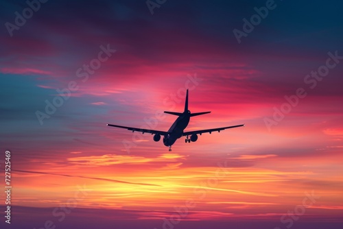 An airplane glides through a breathtaking sunset  painting the sky with hues of pink and orange as it embarks on its journey.