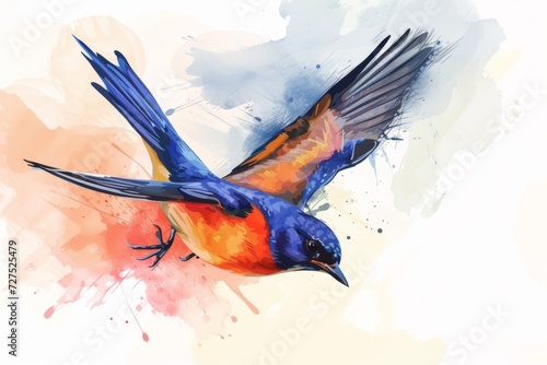 This vibrant watercolor painting captures the dynamic essence of a bird in mid-flight, its wings elegantly brushed with a spectrum of colors. © tonstock