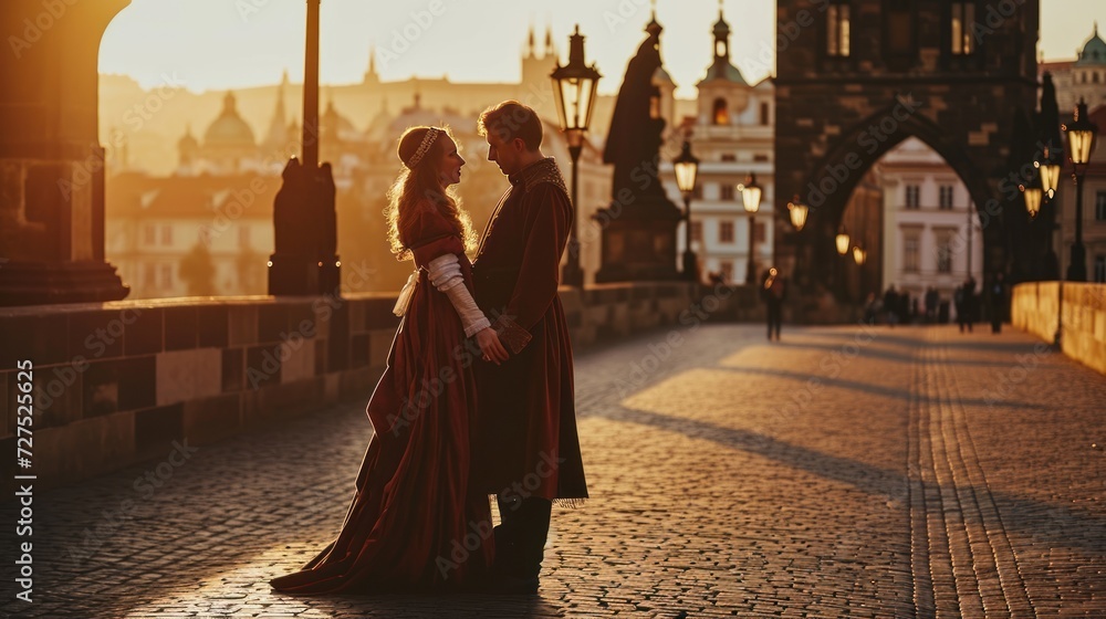 Lifestyle portrait of Medieval young couple showing love at sunrise in Prague city in Czech Republic in Europe.