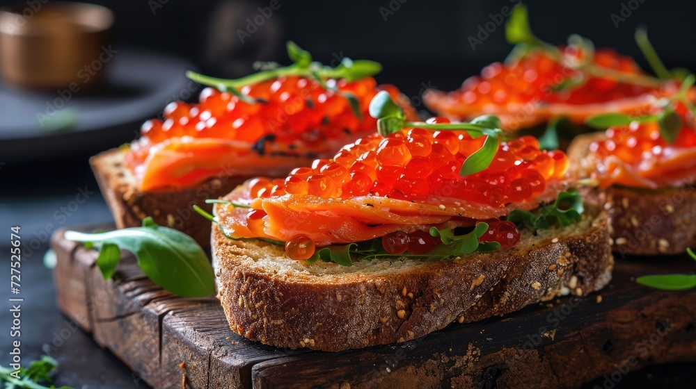 Delicious caviar sandwiches on a dark background, a gourmet delight for connoisseurs, Ai Generated. Delicious caviar sandwiches on a dark background, a gourmet delight for connoisseurs, Ai Generated.