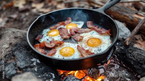 bacon and eggs sizzling in a cast iron skillet, Ai Generated.
