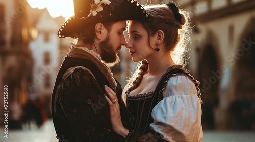 Lifestyle portrait of Medieval young couple showing love at sunrise in Prague city in Czech Republic in Europe. © Joyce