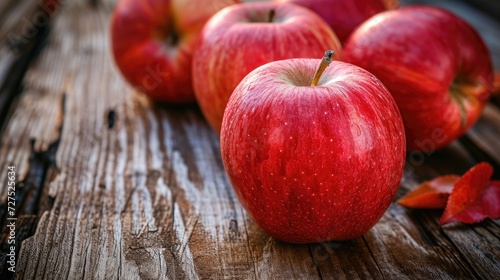 Fresh red apples on a wooden surface, a rustic and inviting display, Ai Generated.