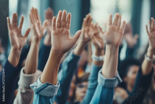 A room filled with eager participants, hands raised in unison, captures the essence of collective engagement and readiness to interact. © tonstock