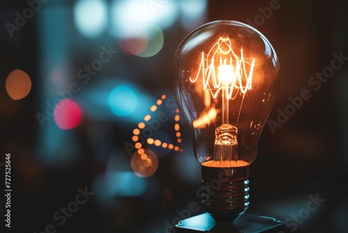 A vintage Edison bulb glows warmly, casting an amber light amidst the soft blur of a bokeh background.