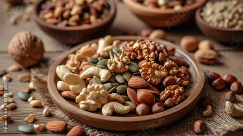 Nuts and seeds arranged on a wooden plate, a wholesome and nutritious ensemble, Ai Generated.