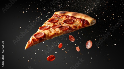 Delicious slice of pepperoni pizza soaring on a black background, an enticing design, Ai Generated.