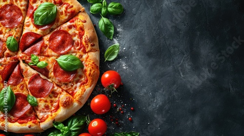 Tasty pepperoni pizza and cooking ingredients, tomatoes, basil, on a black concrete background, Ai Generated.