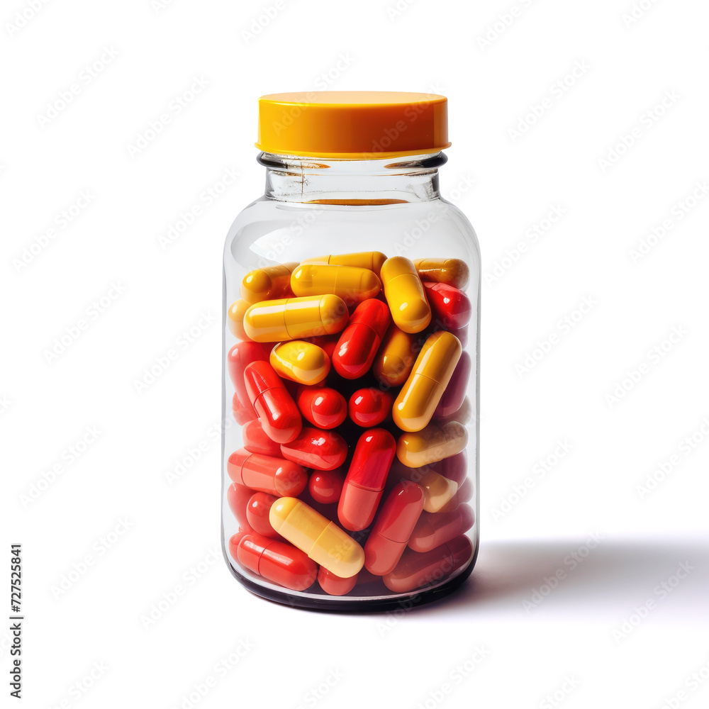 Clear bottle filled with colorful red and yellow vitamins or capsules, Ai Generated. Clear bottle filled with colorful red and yellow vitamins or capsules, Ai Generated.