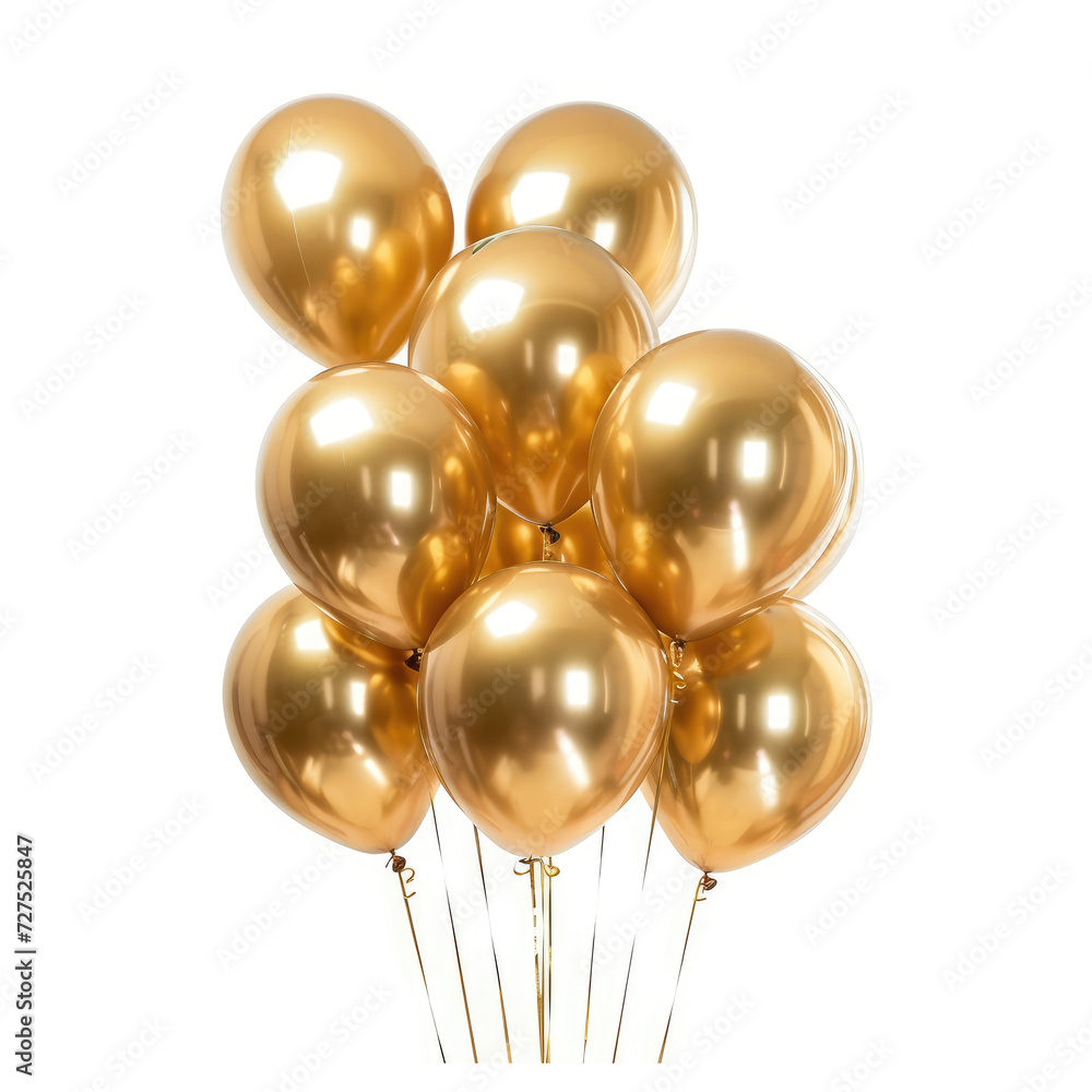 Bunch of glossy shiny gold helium balloons on string isolated on white, Ai Generated. Bunch of glossy shiny gold helium balloons on string isolated on white, Ai Generated.