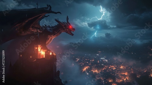 A dragon stand resting on top of a mountain with its wings folded overlooking a city.