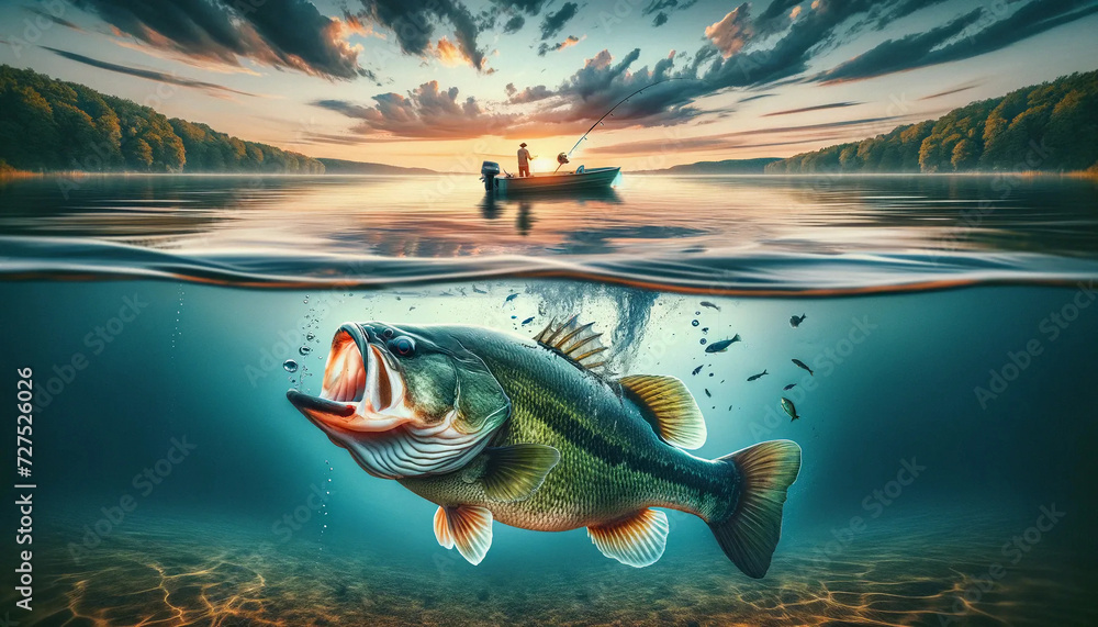 Beautiful fishing scene on a peaceful lake. The clear water reveals a magnificent bass fish just below the surface - obrazy, fototapety, plakaty 