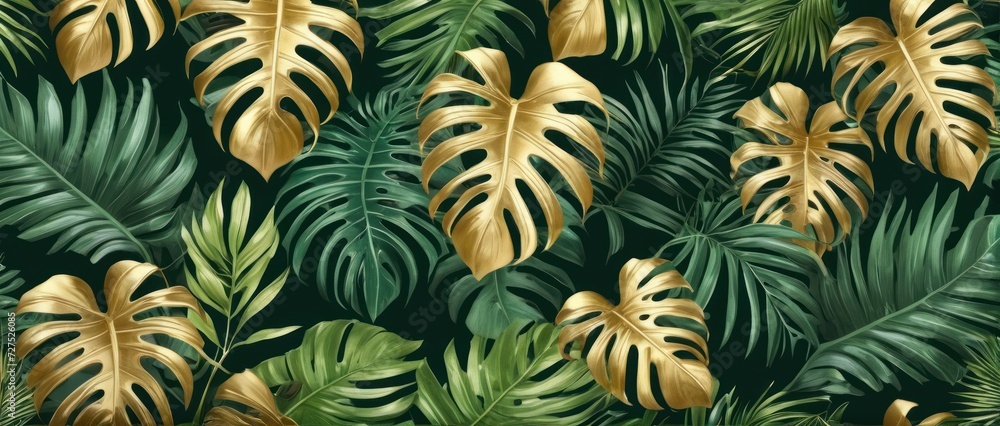 Naklejka premium Green palm leaf pattern with golden accents, perfect for luxurious summer designs.