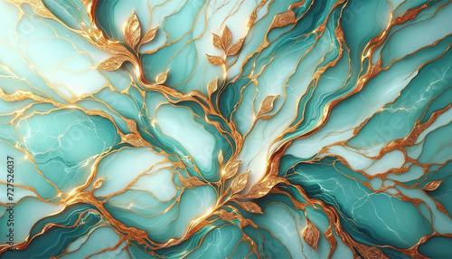 Aqua colored marble with intricate gold veins running through it