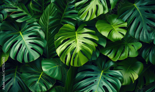 Immerse Yourself in Nature's Tapestry: A Lush Panoramic Backdrop of Dark Green Tropical Leaves Including Monstera, Palm, Coconut, Fern, and Banana Leaf. 