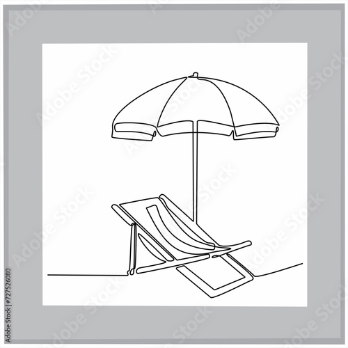 Continuous line drawing of beach umbrella and chairs. summer vacation concept Sea beach, umbrella, chaise longue. Summer background illustration for beach vacation isolated on white background.