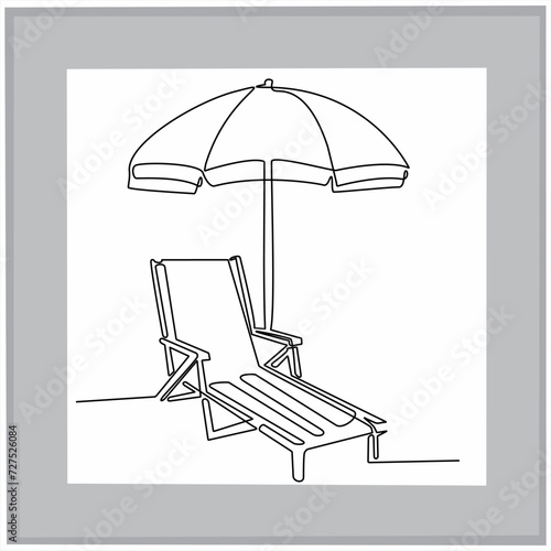 Continuous line drawing of beach umbrella and chairs. summer vacation concept Sea beach, umbrella, chaise longue. Summer background illustration for beach vacation isolated on white background.