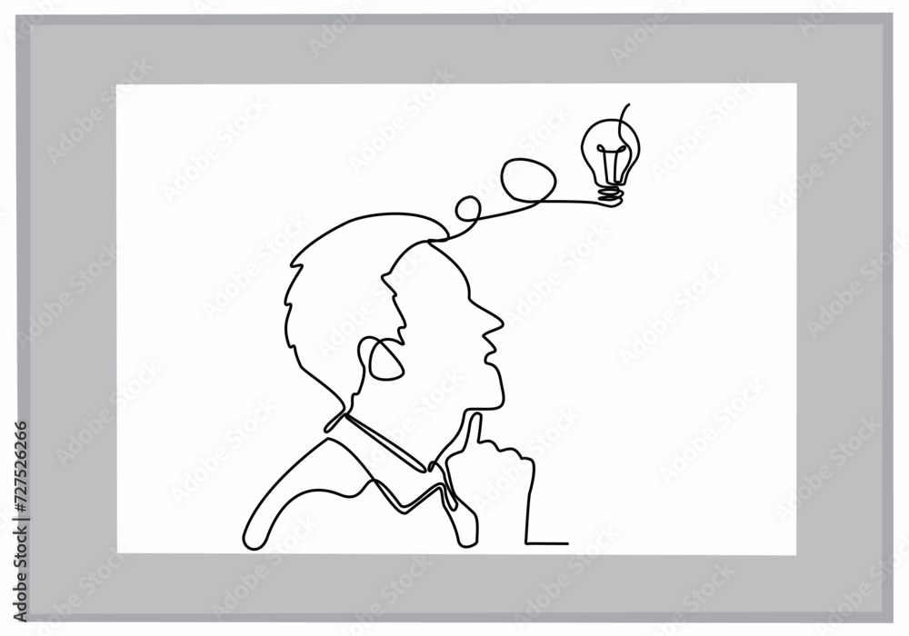 Continuously drawn line silhouette of a thinking man with a light bulb in front of his head. Allegory of solutions and creative search. Vector illustration of minimalist concept of ideas and creativi Continuously drawn line silhouette of a thinking man with a light bulb in front of his head. Allegory of solutions and creative search. Vector illustration of minimalist concept of ideas and creativi