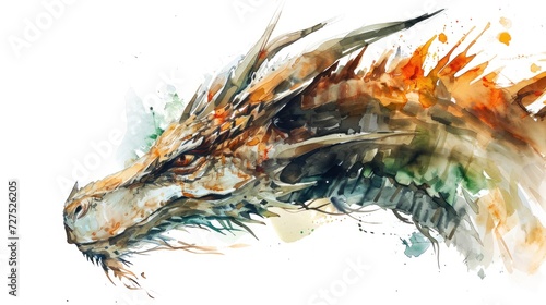 Watercolor drawing of dragon over white background.