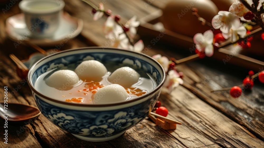 Fototapeta premium Traditional dinner dish rice ball Tangyuan during family gathering party to celebrate Chinese lunar new year.