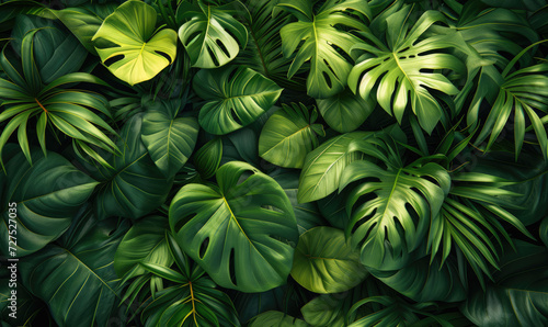 Immerse Yourself in Nature's Tapestry: A Lush Panoramic Backdrop of Dark Green Tropical Leaves Including Monstera, Palm, Coconut, Fern, and Banana Leaf. 