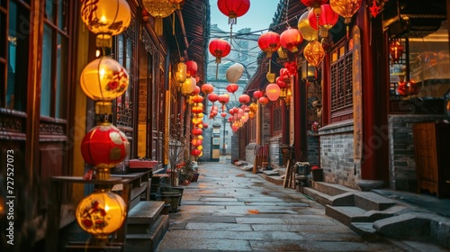 Beautiful red lanterns in street to celebrate Chinese lunar new year.