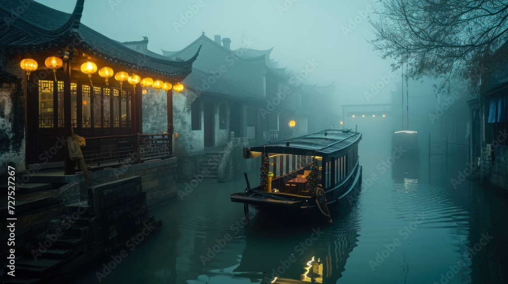 Old town river with boat and Chinese lunar new year decoration in a foggy morning.