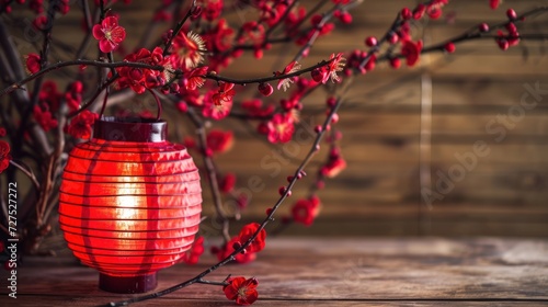 Lantern with red plum blossom to celebrate Chinese lunar new year.