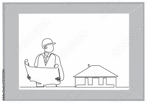continuous line drawing home building engineer simple construction supervision vector illustration.industrial
