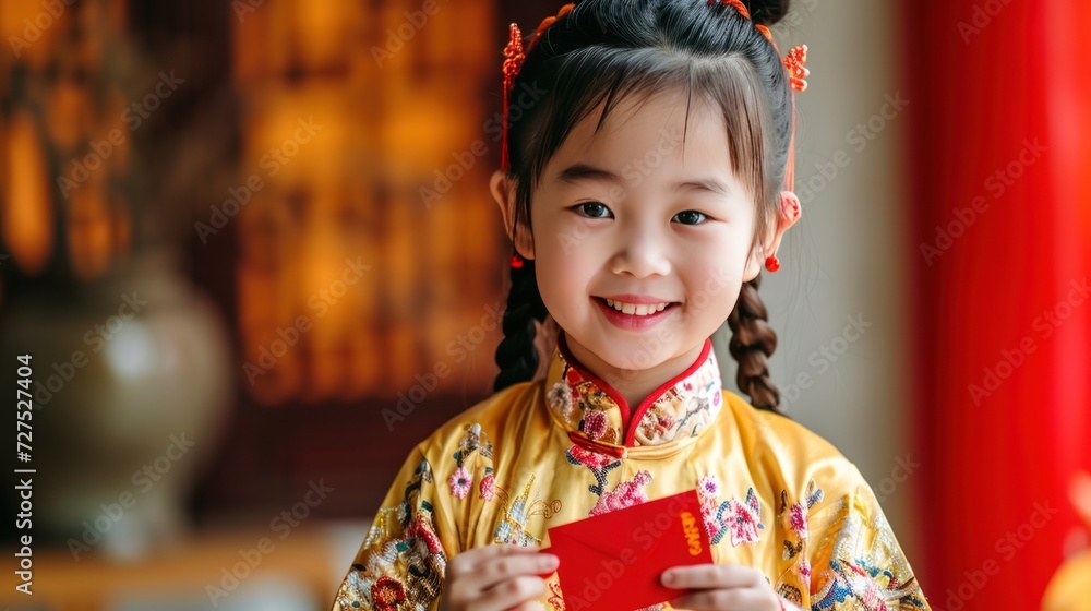 A little girl in traditional clothing with red envelope, or red pack, Hongbao, during Chinese lunar new year celebration. A little girl in traditional clothing with red envelope, or red pack, Hongbao, during Chinese lunar new year celebration.