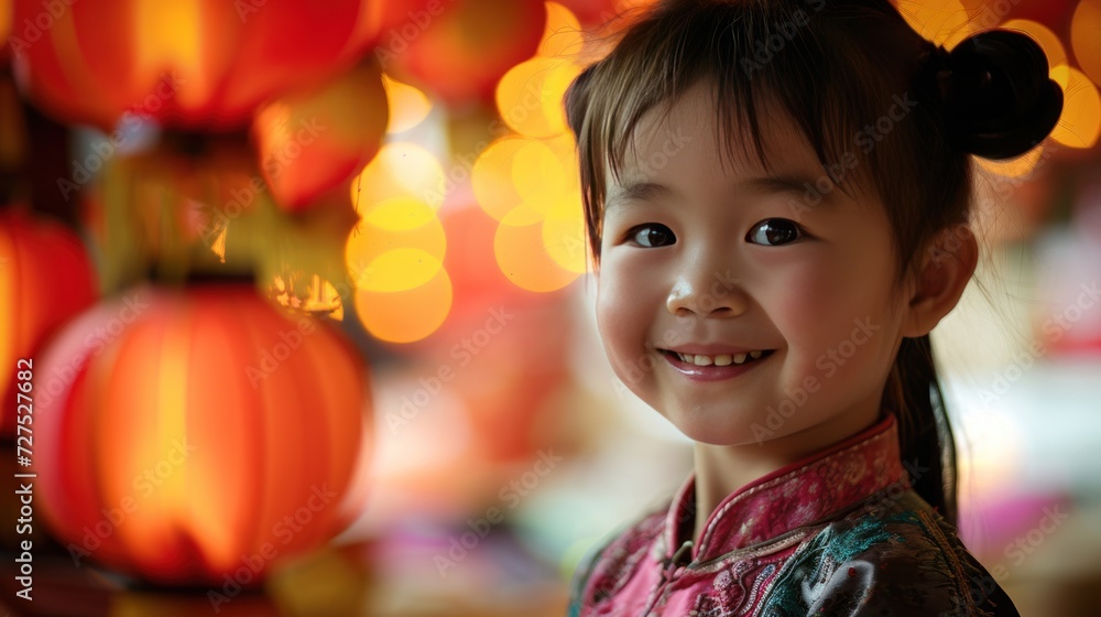 A little girl in traditional clothing in lantern festival in street to celebrate Chinese lunar new year. A little girl in traditional clothing in lantern festival in street to celebrate Chinese lunar new year.