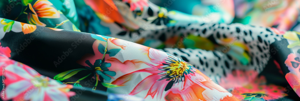 close up to sublimated clothes and textiles with floral and colorful patterns, generative AI