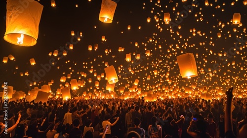 Many sky lantern taking off to celebrate Chinese lunar new year.