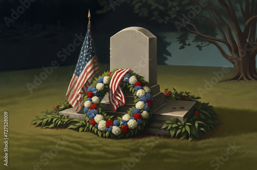 Memorial Day vintage style concept art of a gravestone with a wreath and an American flag.
