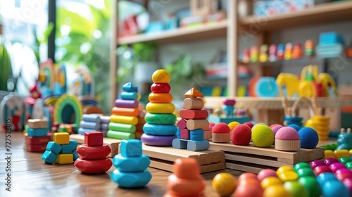 cheerful display of colorful, educational toys arranged neatly in a playful and inviting children's learning environment