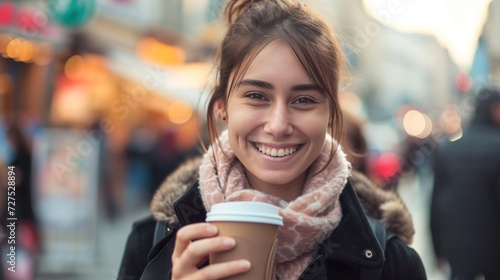 A beautiful young female enjoying her coffee in street.