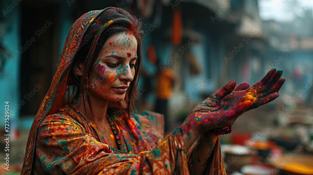 Indian woman wearing sari celebrates Holi with colors on hands