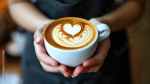A barista is handling to a customer a coffee with heart shape latte art with milk in a coffee shop.