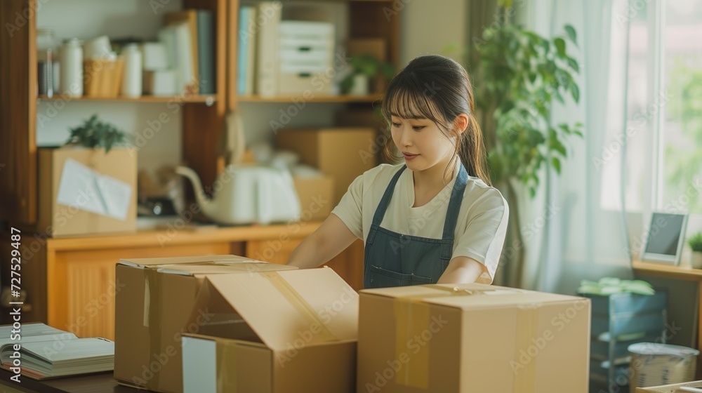 引っ越しで梱包をするアジア人女性05 引っ越しで梱包をするアジア人女性05