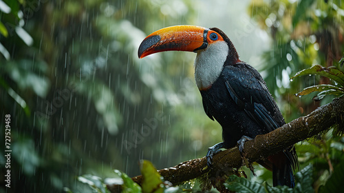 bird with open beak A toucan with a chestnut mandible sits on a branch in the rain. With a green forest as the background. photo