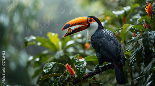 bird with open beak A toucan with a chestnut mandible sits on a branch in the rain. With a green forest as the background. © Morng