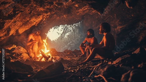 cavewoman working in cave preparing food with bonfire. Photorealistic.