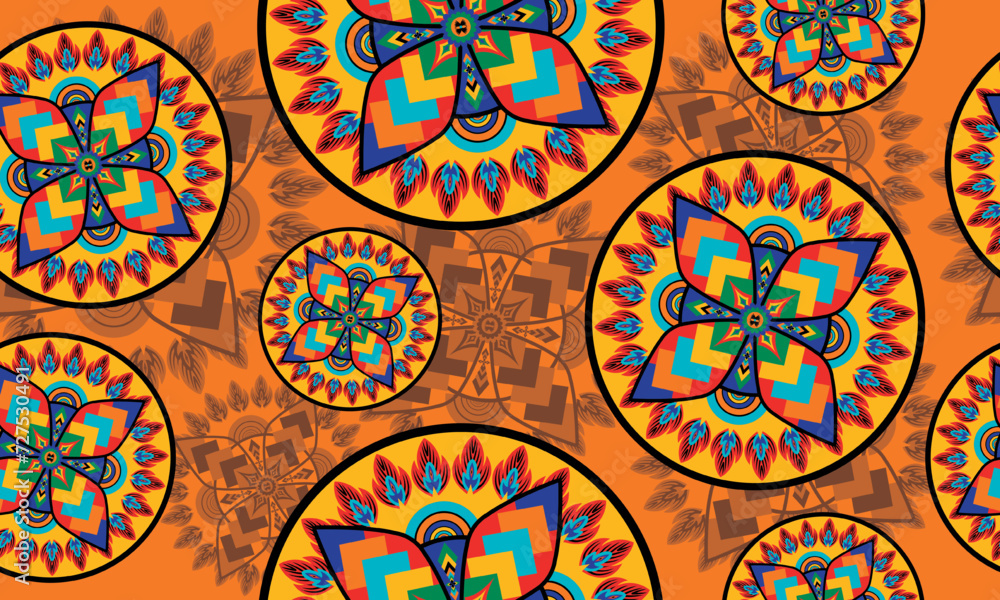 African mandala seamless native pattern.Traditional kente,ankara,kitenge,chitenge,capulana african wax print fabric pattern.Abstract vector motif pattern.For fabric,clothing,carpet,woven,wrap,decorate