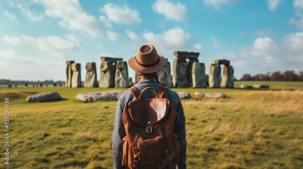 Back view of a female traveler at famous Stonehenge ancient mystery site in England UK. Back view of a female traveler at famous Stonehenge ancient mystery site in England UK.