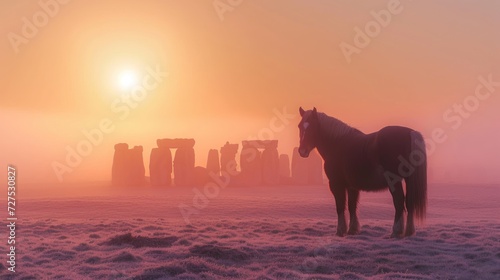 Horse with colorful sunrise at famous Stonehenge ancient mystery site in winter in England UK. © Joyce