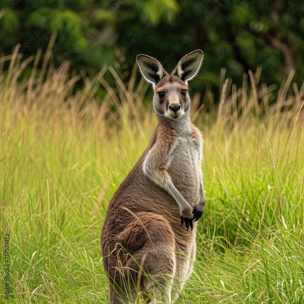 Fototapeta premium Kangaroo standing in the tall grass looking at the camera.