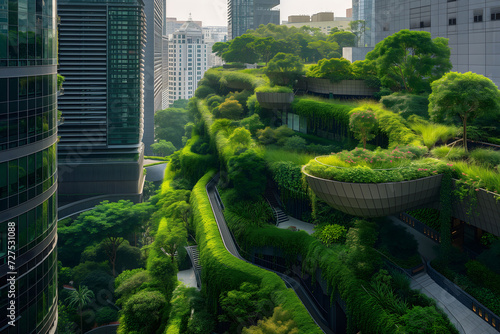 Nested among urban structures, this building complex features winding green vertical garden and abundant plant life, exemplifying urban sustainability.
 photo