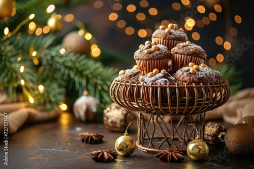 Homemade muffins with raisins in a wicker basket on a dark background